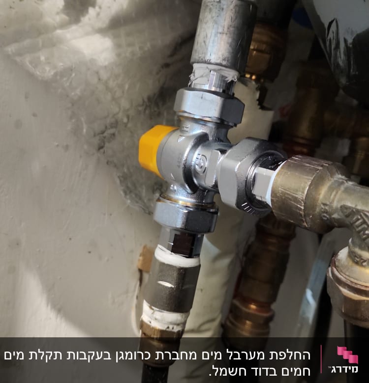 צנרת מתכת עם ברז צהוב בדוד שמש